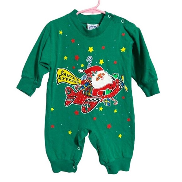 Y Grow Up Other - VTG 90s Baby Christmas One Piece 12-18M "Ugly Sweater" Green Santa Hand Painted